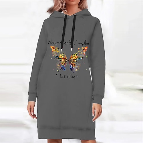 

Women's Shift Dress Short Mini Dress Green White Gray Long Sleeve Butterfly Letter Animal Print Fall Spring Hooded Casual 2022 S M L XL XXL 3XL