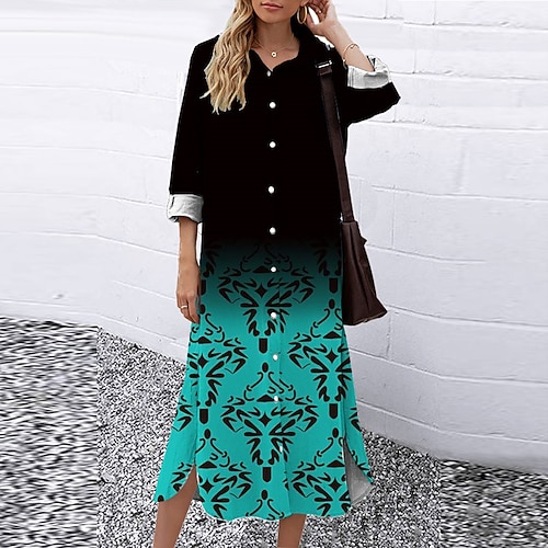 

Women's Shift Dress Midi Dress Black Blue Khaki 3/4 Length Sleeve Fall Floral Button Print Fall Spring Shirt Collar Casual Fashion 2022 S M L XL XXL 3XL