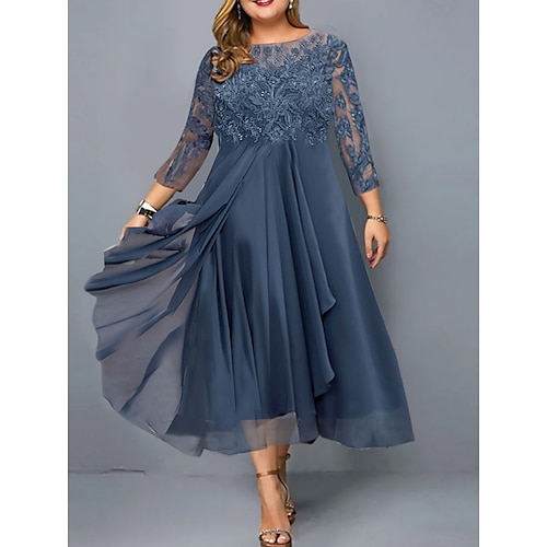 

Women's Plus Size Holiday Dress Solid Color Crew Neck Lace 3/4 Length Sleeve Fall Spring Elegant Preppy Maxi long Dress Formal Party Dress
