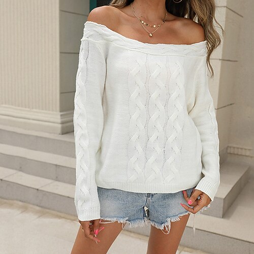 

Women's Pullover Sweater Jumper Cable Knit Knitted Cold Shoulder Pure Color Off Shoulder Stylish Casual Daily Holiday Fall Winter White Gray S M L / Long Sleeve