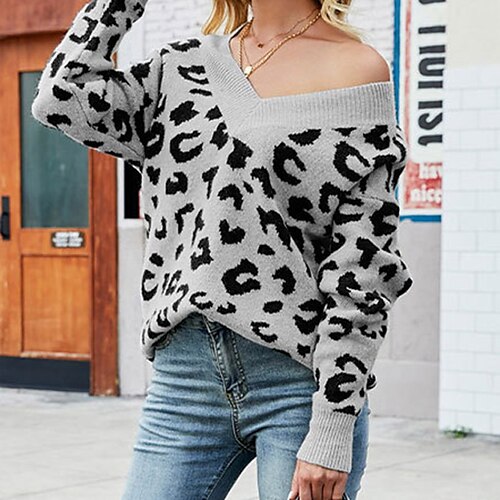

Women's Pullover Sweater Jumper Ribbed Knit Tunic Knitted Leopard V Neck Stylish Casual Daily Going out Drop Shoulder Fall Winter Gray S M L / Long Sleeve / Regular Fit