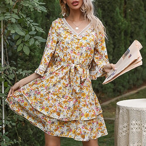 

Women's A Line Dress Short Mini Dress Yellow Half Sleeve Floral Ruffle Print Fall Spring V Neck Casual Vacation Modern Flare Cuff Sleeve 2022 S M L XL