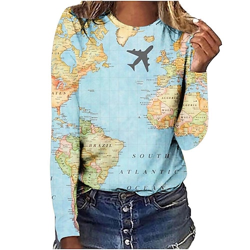 

Women's T shirt Tee Green Map Print Long Sleeve Casual Vintage Round Neck Regular 3D Printed S