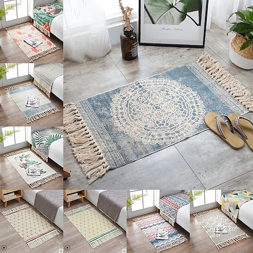 

Floor Boho Rug Aztec Cotton Mat with Tassel Hand Woven Printed Foot Mats Carpet Kitchen Runner for Livingroom Bedroom Kitchen Laundry Room Washable