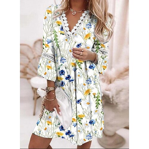 

Women's A Line Dress Short Mini Dress White 3/4 Length Sleeve Floral Print Spring Summer V Neck Stylish Casual 2022 S M L XL XXL 3XL 4XL