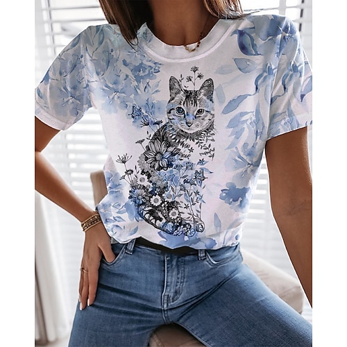 

T shirt Tee Femme Rose Claire Bleu Vert Floral Chat Imprimer Manche Courte Casual Vacances basique Col Rond Normal Standard Fleur Chat 3D Peinture S