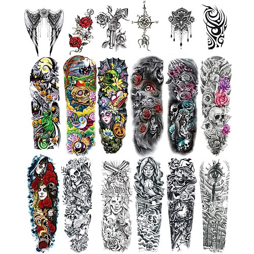 

18 Pcs Full Arm Temporary Tattoo Stickers Waterproof Temporary TattooBlack Body Tattoo Stickers For WomenMenHalloweenPartyMasquerade