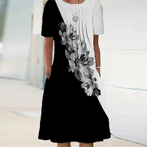 

Women's Shift Dress Knee Length Dress Black Short Sleeve Floral Pocket Print Spring Summer Crew Neck Elegant Casual Vacation 2022 S M L XL XXL 3XL