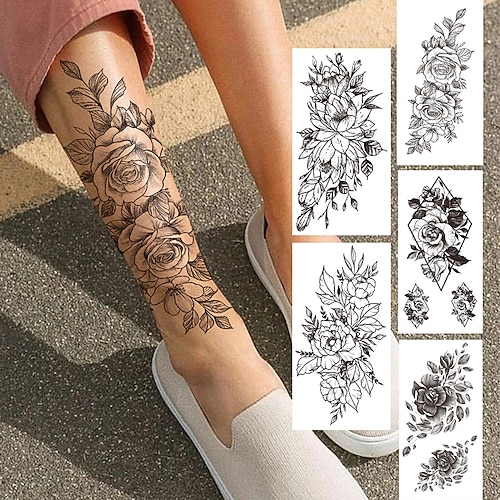 

5 PCS Peony Flower Temporary Tattoo For Women Girls Black Geometric Dahlia Rose Tattoos Sticker Black Blossom Glory Flora Tatoos Decor