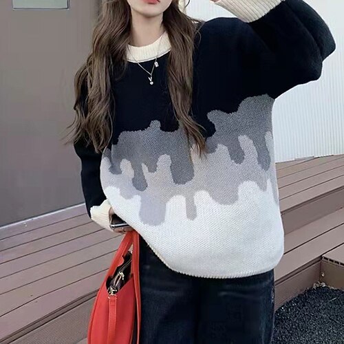 

Women's Pullover Sweater Jumper Crochet Knit Knitted Patchwork Color Gradient Crew Neck Stylish Casual Daily Holiday Fall Winter Black Blue S M L / Long Sleeve