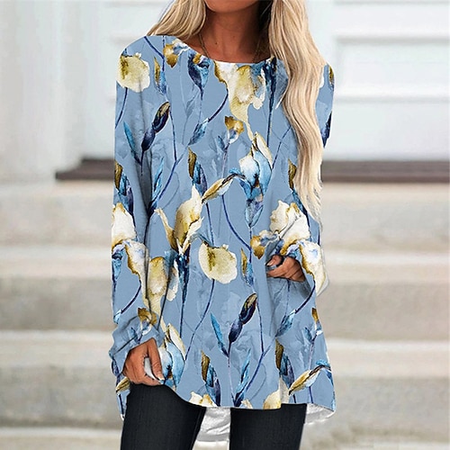 

Women's Shift Dress Knee Length Dress Blue Long Sleeve Fall Floral Print Fall Spring Crew Neck Casual Vacation 2022 S M L XL XXL 3XL