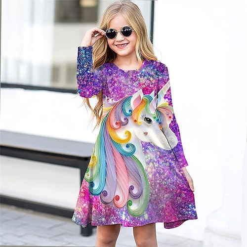 

Kids Little Girls' Dress Unicorn Animal A Line Dress Daily Holiday Vacation Print Purple Above Knee Long Sleeve Casual Cute Sweet Dresses Fall Spring Regular Fit 3-12 Years