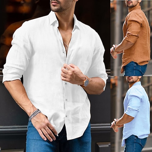 

Men's Shirt Linen Shirt Solid Colored Turndown Brown Light Blue White Outdoor Street Long Sleeve Button-Down Clothing Apparel Fashion Casual Breathable Comfortable / Summer / Spring / Summer