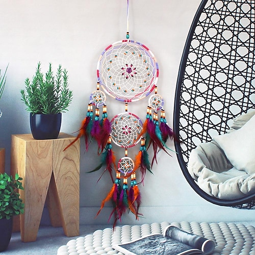 

Boho Dream Catcher Handmade Colorful Five-ring Wind Chime with Feather Ornament Birthday Gift Wall Hanging Decor for Home Wedding Festival 2075cm