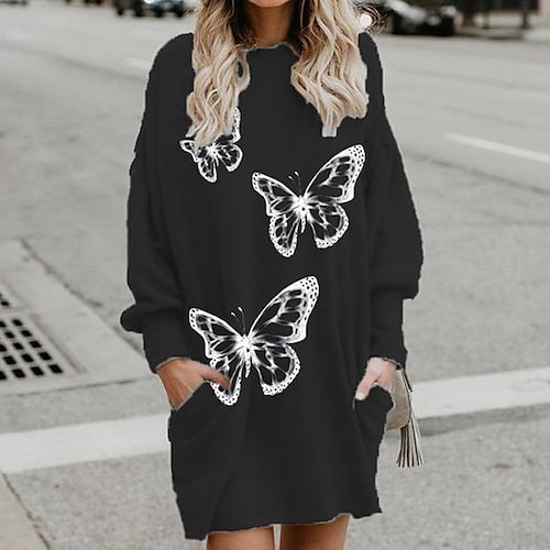 

Women's Shift Dress Short Mini Dress Black Long Sleeve Fall Butterfly Animal Pocket Print Fall Winter Hooded Casual 2022 S M L XL XXL 3XL