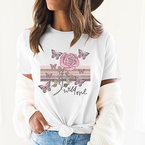 

Women's T shirt Tee Blue Wine Dark Gray Graphic Butterfly Print Short Sleeve Daily Going out Basic Round Neck Regular 100% Cotton Butterfly S