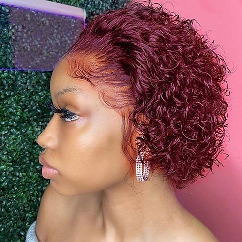 

Ombre 99J Orange Pixie Cut Wig Short Curly Human Hair Wigs Highlight 13X1 Transparent Lace Wig For Women Cheap Human Hair Wig