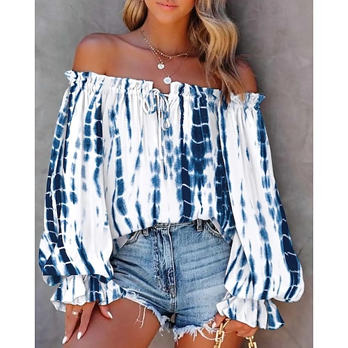 

Women's Blouse Graphic Patterned Casual Blouse Shirt Long Sleeve Patchwork Print Off Shoulder Casual White Pink Rainbow S