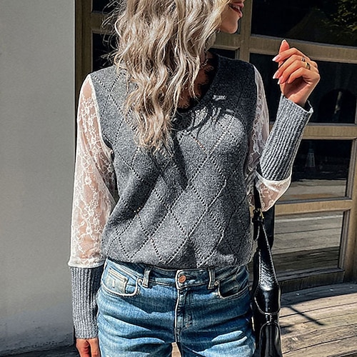 

Women's Sweater Jumper Crochet Knit Knitted Patchwork Color Block V Neck Stylish Casual Daily Going out Fall Winter Dark Gray S M L / Long Sleeve
