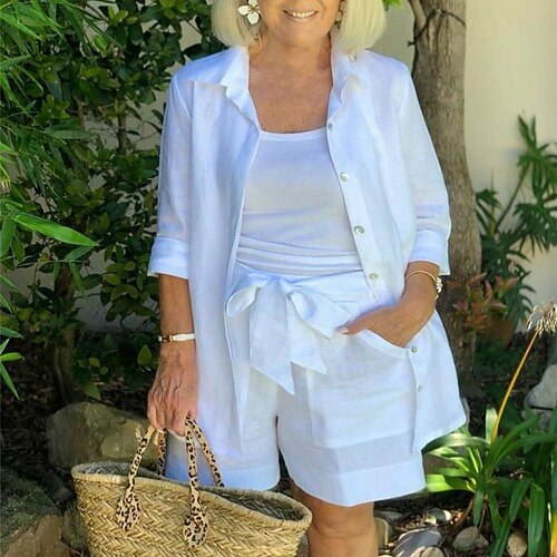 

Women's Plus Size Tops Plus Size Set Plain Button Long Sleeve Shirt Collar Basic Daily Going out Polyester Fall Spring White Purple