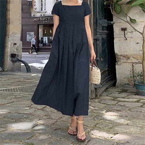 

Mujer Vestido de lino de algodón Vestido informal Vestido largo maxi Mezcla de Algodón Básico Casual Diario Festivos Cita Escote Cuadrado Frunce Fruncida Manga Corta Verano Primavera 2023 Holgado