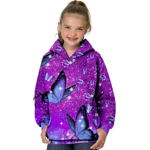 

Kids Girls' Hoodie Long Sleeve 3D Print Butterfly Animal Pocket Purple Children Tops Fall Spring Fashion Streetwear Adorable Daily Indoor Outdoor Regular Fit 3-13 Years