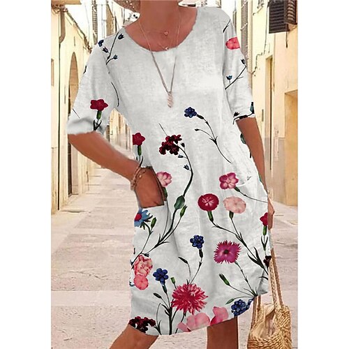 

Women's Shift Dress Short Mini Dress Black Gray Red Half Sleeve Floral Pocket Print Fall Spring Round Neck Casual Fashion 2022 XS S M L XL XXL 3XL 4XL 5XL 6XL