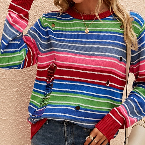 

Women's Pullover Sweater Jumper Crochet Knit Knitted Ripped Striped Crew Neck Casual Soft Going out Outdoor Fall Winter Rainbow S M L / Long Sleeve
