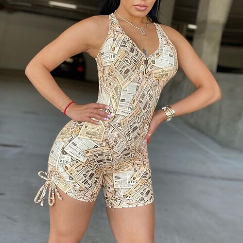 

Women's Romper Backless Print Print V Neck Streetwear Going out Bar Regular Fit Sleeveless Yellow S M L Spring