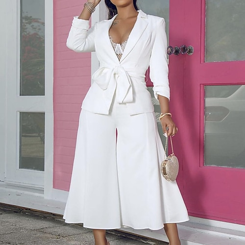

Women's Suits Street Daily Wear to work Spring Summer Regular Coat Regular Fit Warm Breathable Streetwear Elegant Jacket Long Sleeve Solid Color Lace up Stylish White