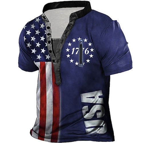 

Men's T shirt Tee Henley Shirt Tee Graphic National Flag Stand Collar Blue 3D Print Plus Size Outdoor Daily Short Sleeve Zipper Button-Down Clothing Apparel Basic Designer Casual Big and Tall