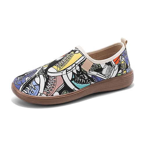 

Women's Slip-Ons Daily Comfort Shoes Plus Size Summer Flat Heel Round Toe Casual Minimalism Walking Shoes Canvas Loafer Anime Black Gray