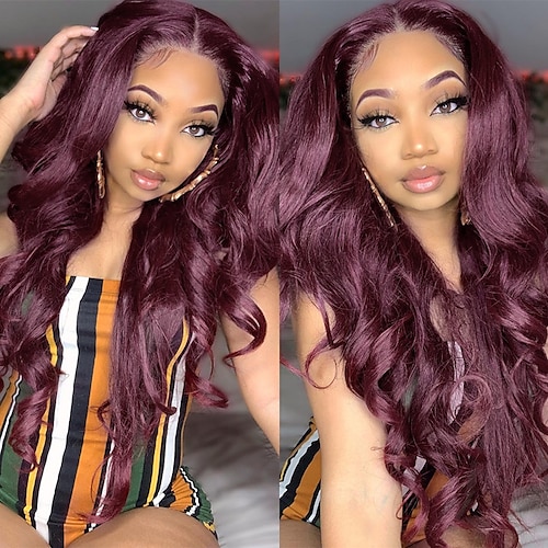 

Burgundy Lace Front Wigs For Women Peruvian Transparent Lace Front Human Hair Wigs 99J Colored Straight Human Hair Wig Smooth