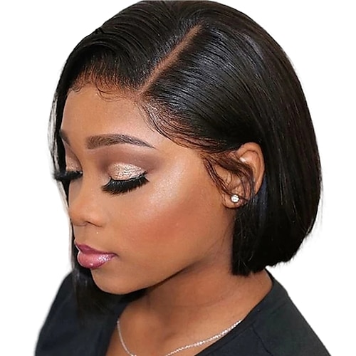 

Remy Human Hair 13x4x1 T Part Lace Front Wig Bob Pixie Cut Side Part Peruvian Hair Straight Natural Wig 150% Density Natural Hairline 100% Virgin For Women wigs for black women Medium Length Human