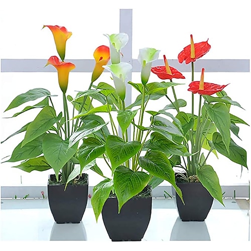 

Artificial Flower Calla Lily Faux Small Potted Plant with Black Pot Fake Bonsai Flower for Home, Office, Indoor and Outdoor Occasions Decor (Red Fake Flower)