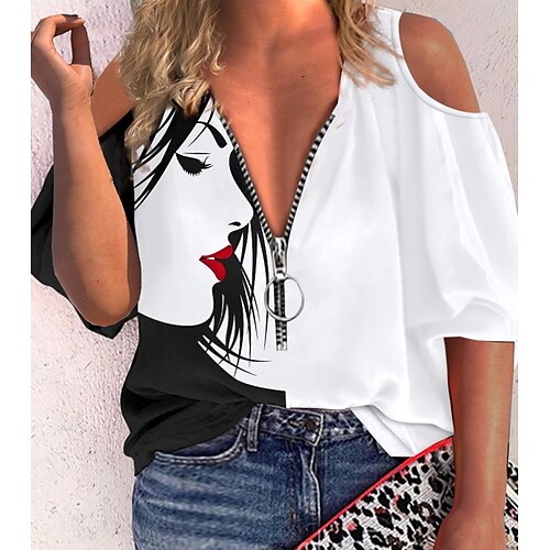 

Women's Plus Size Tops Blouse Portrait Ruched Zipper Half Sleeve V Neck Sexy Festival Daily Vacation Polyester Fall Spring White / Print