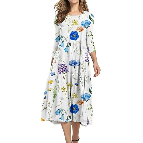 

Women's Shift Dress Midi Dress White 3/4 Length Sleeve Floral Ruched Print Fall Spring Round Neck Casual Vacation 2022 S M L XL XXL 3XL
