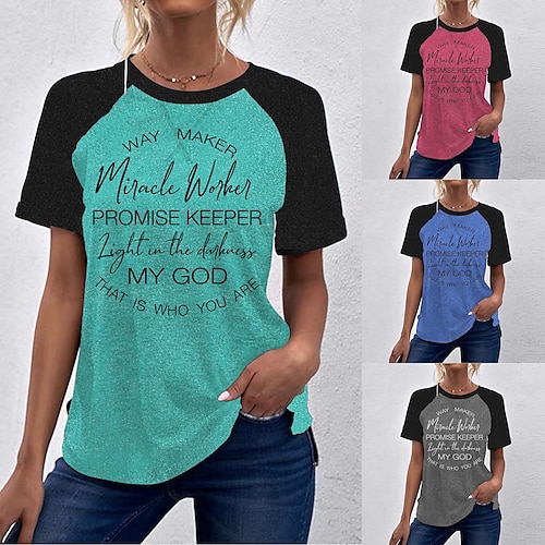 

Women's T shirt Tee Green Blue Red Color Block Text Print Short Sleeve Casual Weekend Basic Round Neck Regular Cotton Religious Painting S