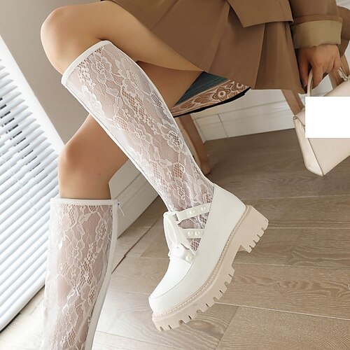 

Women's Boots Sandals Boots Summer Boots Knee High Boots Lace-up Chunky Heel Round Toe Elegant Party Daily Lace PU Leather Zipper Fall Spring Solid Colored Black Beige