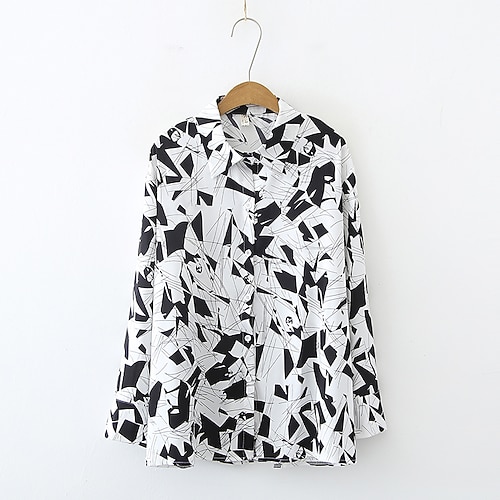 

Women's Blouse Geometric Casual Daily Weekend Geometric Blouse Shirt Long Sleeve Patchwork Print Shirt Collar Casual Vintage White Black S