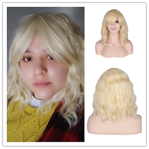 

Synthetic Wig Water Wave Side Part With Bangs Machine Made Wig 14 inch Violet Pink PinkRed Bleached Blonde White Black Synthetic Hair Women's Adjustable Color GradientHigh Quality Multi-color