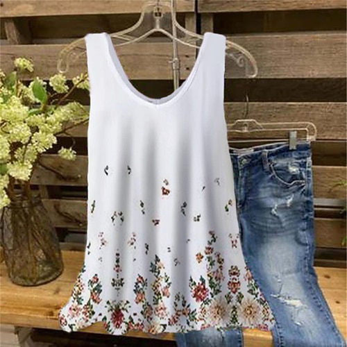 

Women's Plus Size Tops Tank Top Floral Print Sleeveless V Neck Streetwear Daily Holiday Cotton Spandex Jersey Spring Summer Green White