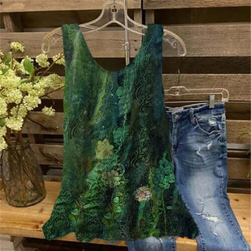 

Women's Plus Size Tops Tank Top Floral Print Sleeveless V Neck Streetwear Daily Holiday Cotton Spandex Jersey Spring Summer Green Navy Blue