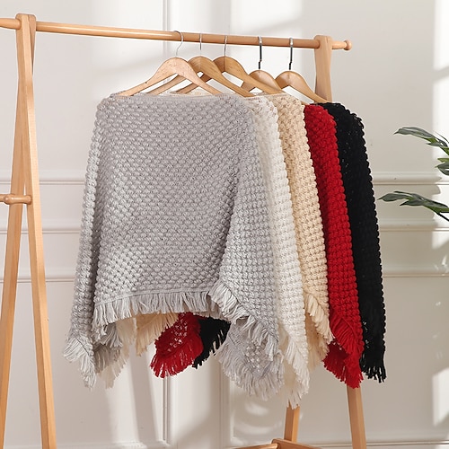 

Lady's Solid Scarf in Winter Knitting Thickening Poncho Coat Autumn Women's Black White Red Tassels Warm Shawl