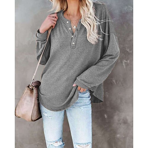

Women's T shirt Tee Plain Casual Weekend T shirt Tee Long Sleeve Button V Neck Basic Essential Black Blue Gray S
