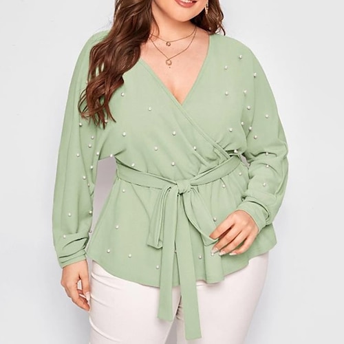 

Women's Plus Size Tops Blouse Shirt Plain Beaded Lace up Long Sleeve V Neck Streetwear Daily Vacation Polyester Fall Winter Light Green