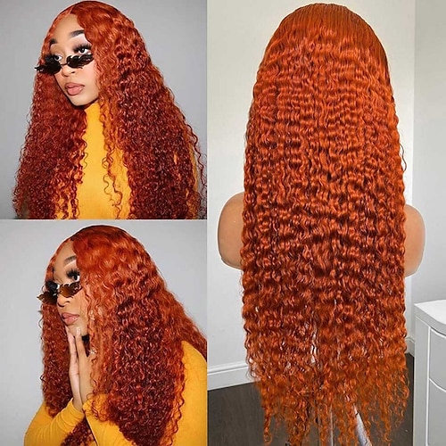 

Remy Human Hair 13x4 Lace Front Wig Free Part Brazilian Hair Curly Orange Wig 130% 150% 180% Density with Baby Hair Glueless Pre-Plucked For wigs for black women Long Human Hair Lace Wig / Daily Wear