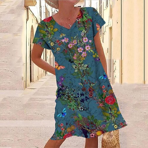 

Women's Casual Dress Shift Dress Midi Dress Blue Short Sleeve Floral Print Spring Summer V Neck 2022 S M L XL XXL 3XL