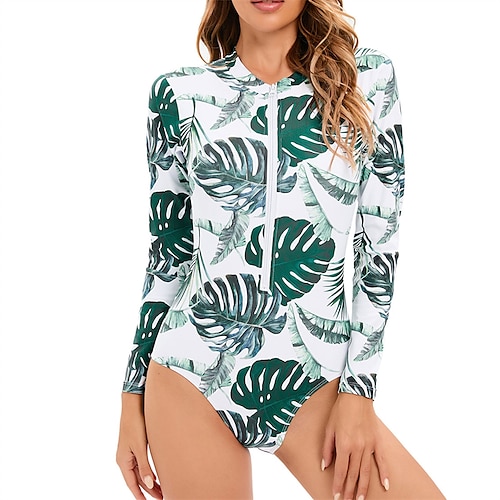 

Women's Swimwear Rash Guard Diving Normal Swimsuit UV Protection Tummy Control Zipper Print Leaves Green White High Neck Bathing Suits New Vacation Holiday / Modern