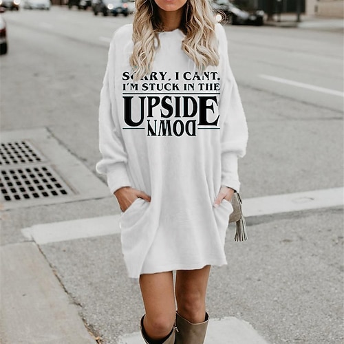 

Damen Sweatshirt-Kleid Etuikleid Blau Weiß Langarm Buchstabe Tasche Winter Herbst Mit Kapuze winterkleider damen herbstkleider Lockere Passform 2022 S M L XL XXL 3XL